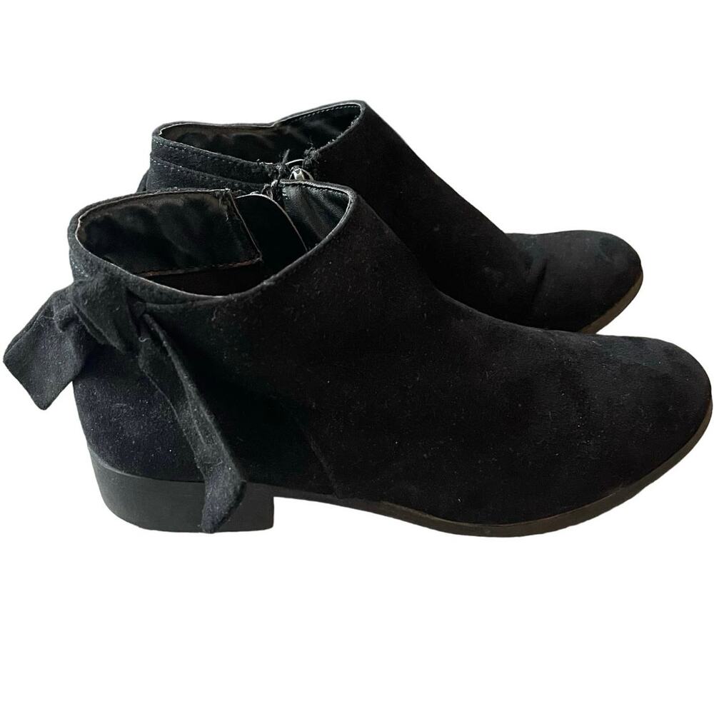 Nine West Kids Samarah 5 Black Suede Side Zip Ankle Boots Booties Bow Tie Accent